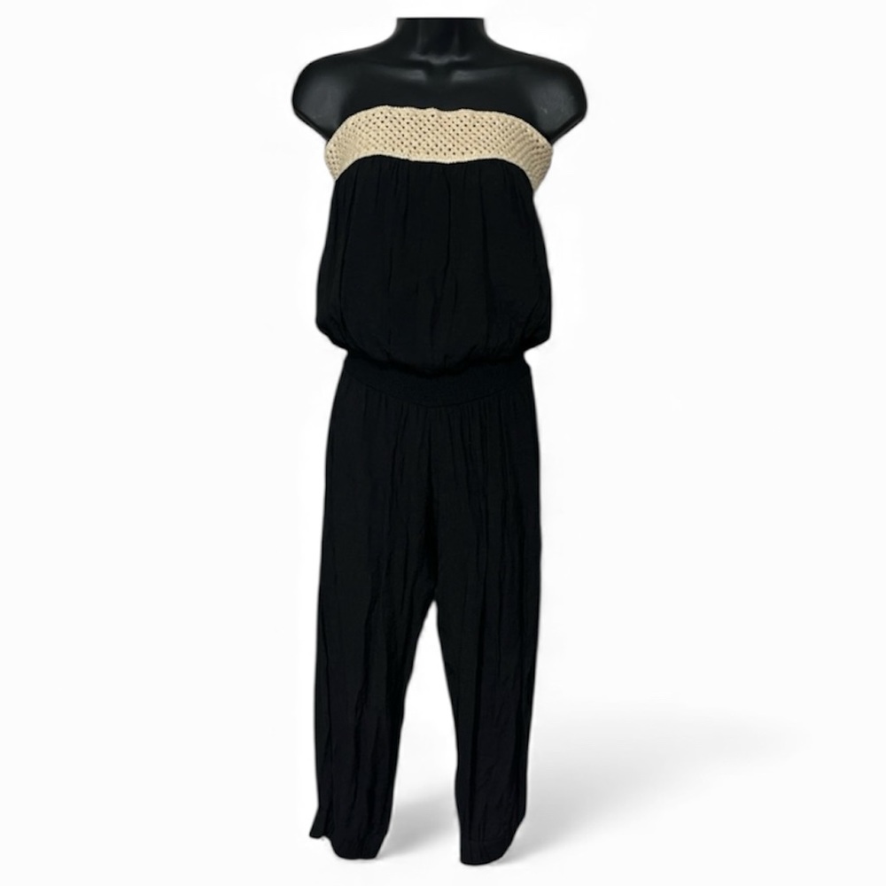 Arden B Black and Cream Strapless Jumpsuit